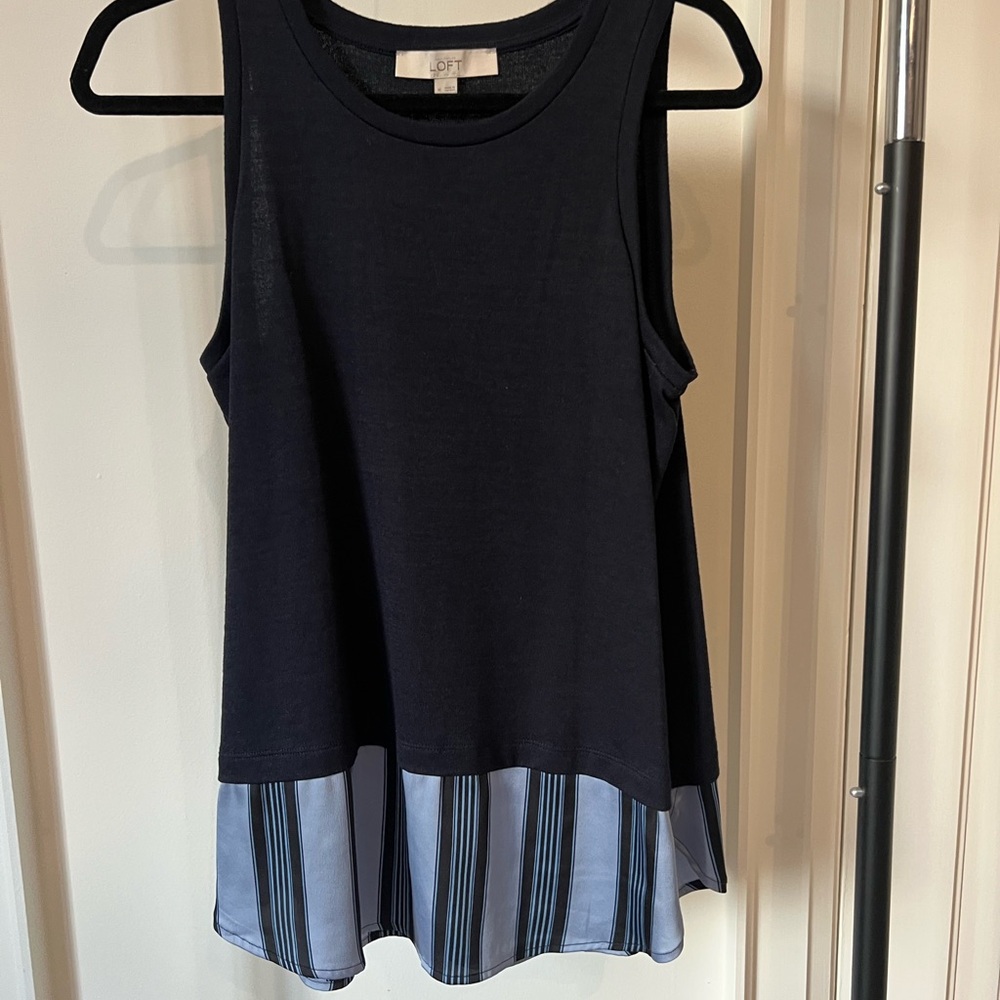 LOFT Sleeveless Black Top with Blue Striped Hem